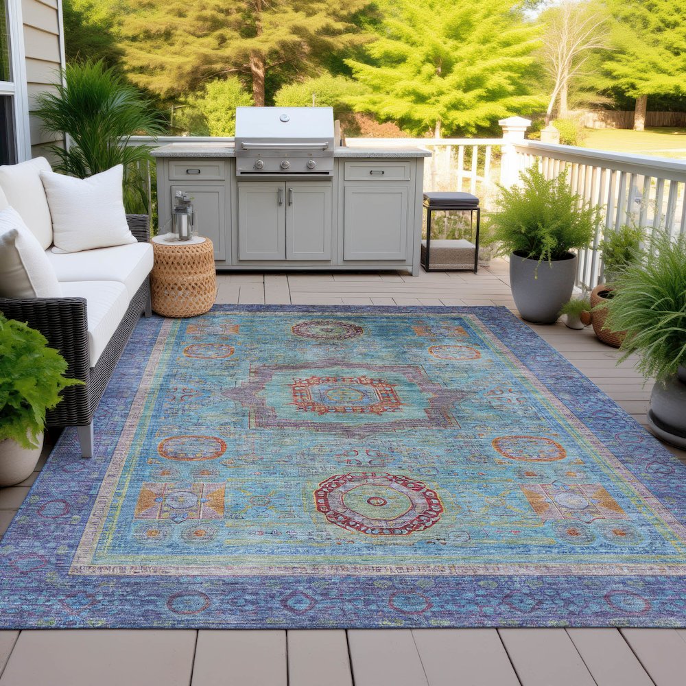 Machine Washable Indoor/Outdoor Chantille ACN2159 Teal 3' x 5' Rug. Picture 7