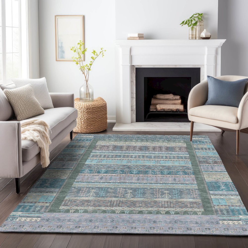 Machine Washable Indoor/Outdoor Chantille ACN2160 Teal 3' x 5' Rug. Picture 6