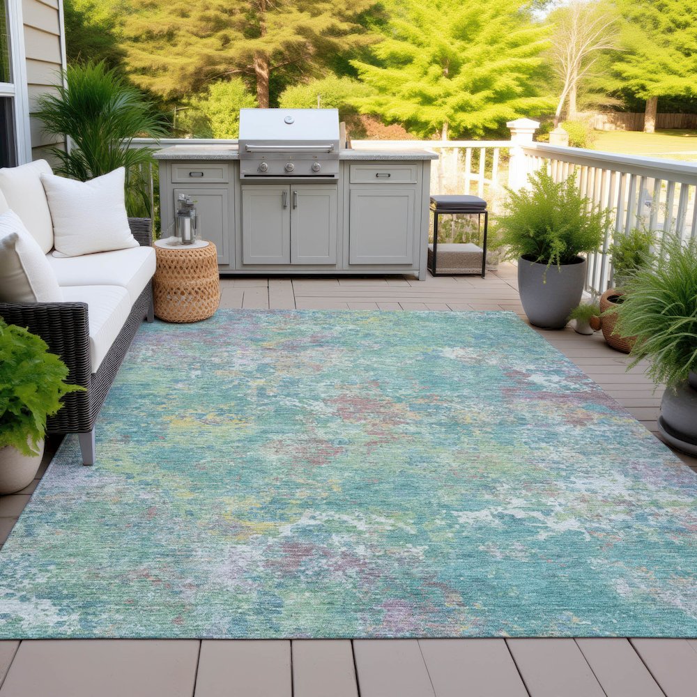 Machine Washable Indoor/Outdoor Chantille ACN2166 Teal 3' x 5' Rug. Picture 7