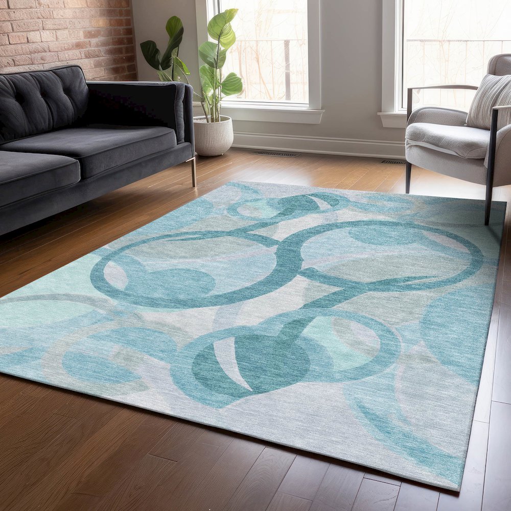 Machine Washable Indoor/Outdoor Chantille ACN2168 Teal 3' x 5' Rug. Picture 5