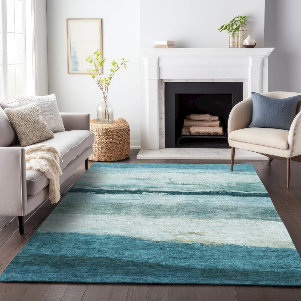 Machine Washable Indoor/Outdoor Chantille ACN2169 Teal 3' x 5' Rug. Picture 6