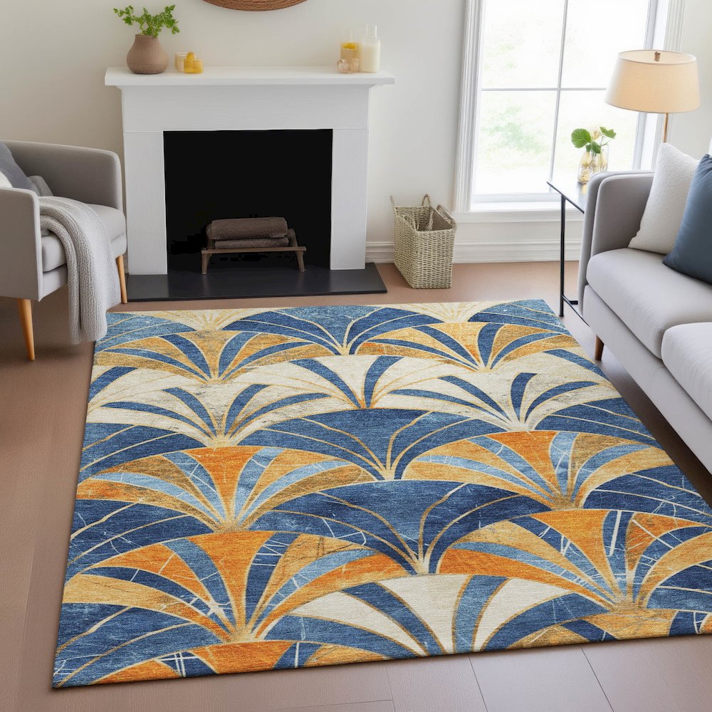 Machine Washable Indoor/Outdoor Chantille ACN2178 Blue 3' x 5' Rug. Picture 5