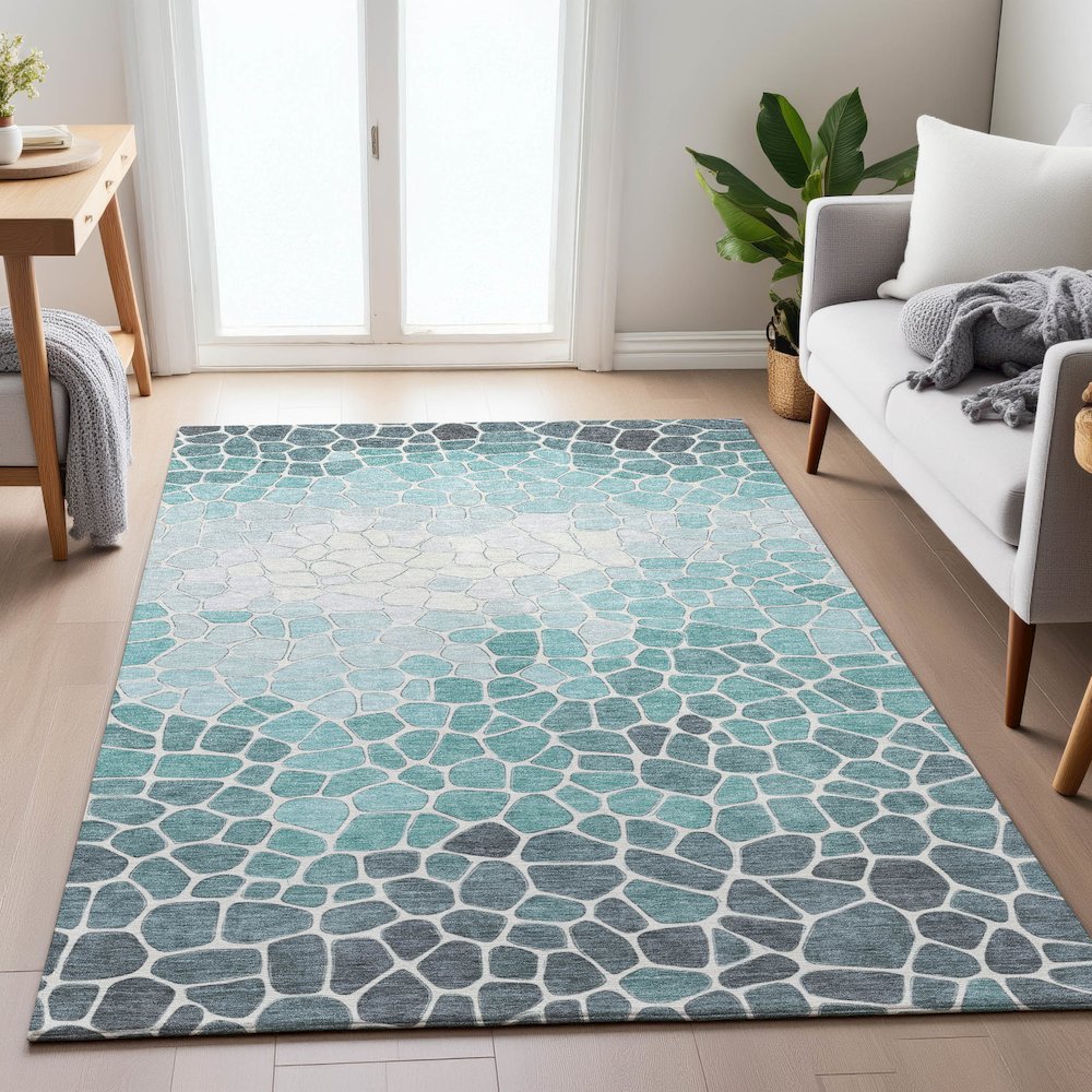 Machine Washable Indoor/Outdoor Chantille ACN2190 Teal 3' x 5' Rug. Picture 5