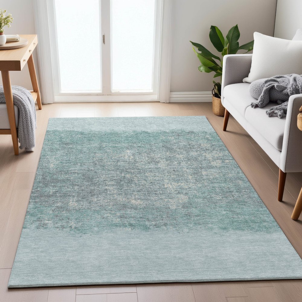 Machine Washable Indoor/Outdoor Chantille ACN2214 Teal 3' x 5' Rug. Picture 5