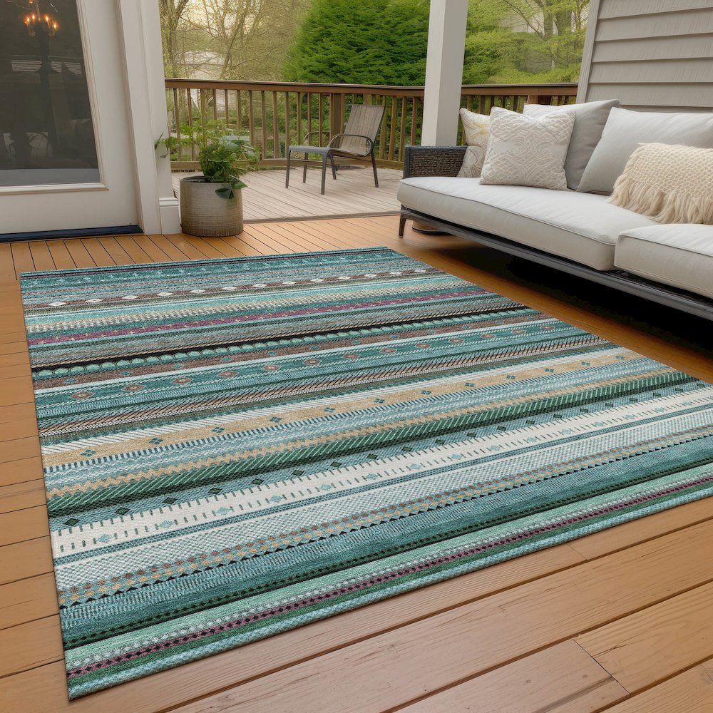 Machine Washable Indoor/Outdoor Chantille ACN2218 Teal 3' x 5' Rug. Picture 7