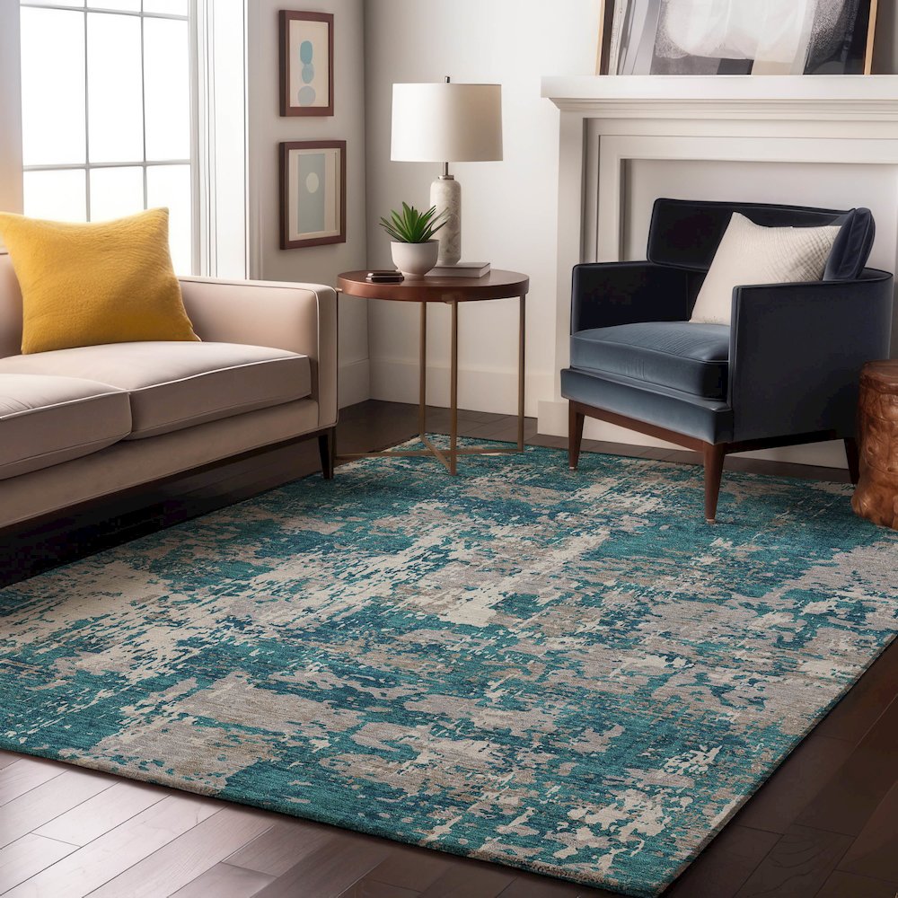 Premium Machine Washable Mayfield AMF1008 Teal 3' x 5' Rug. Picture 5