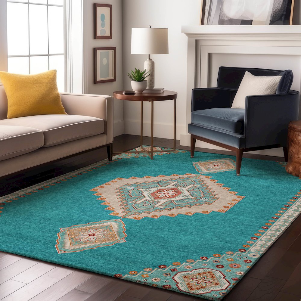 Premium Machine Washable Mayfield AMF1014 Teal 3' x 5' Rug. Picture 5
