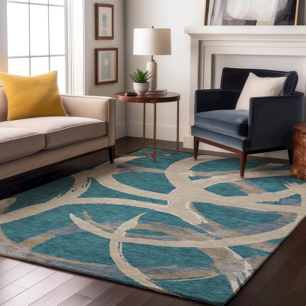Premium Machine Washable Mayfield AMF1022 Teal 3' x 5' Rug. Picture 5