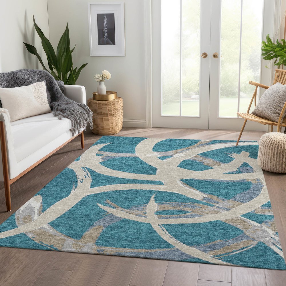 Premium Machine Washable Mayfield AMF1022 Teal 3' x 5' Rug. Picture 6
