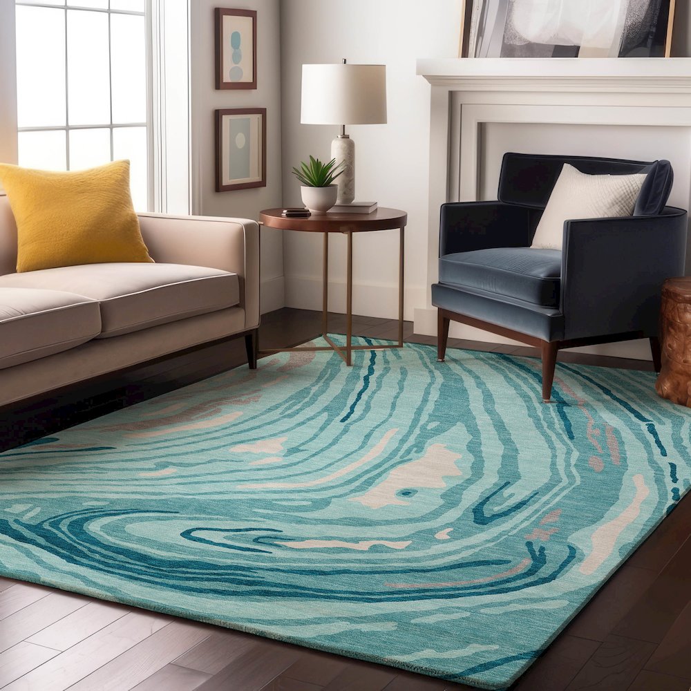 Premium Machine Washable Mayfield AMF1051 Turquoise 3' x 5' Rug. Picture 5