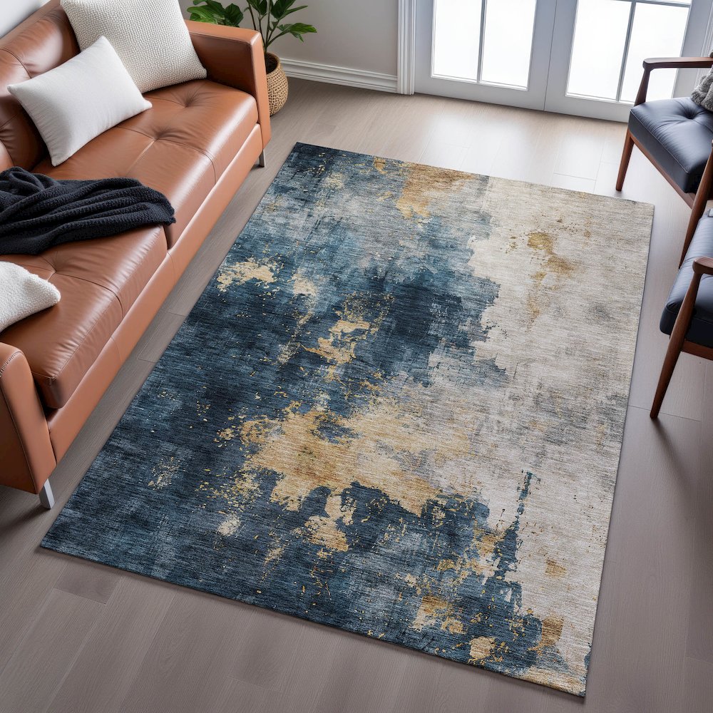 Premium Machine Washable Mayfield AMF1072 Blue 3' x 5' Rug. Picture 6