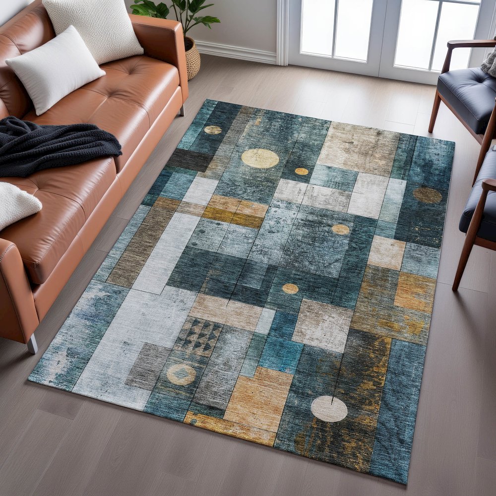 Premium Machine Washable Mayfield AMF1123 Teal 3' x 5' Rug. Picture 6