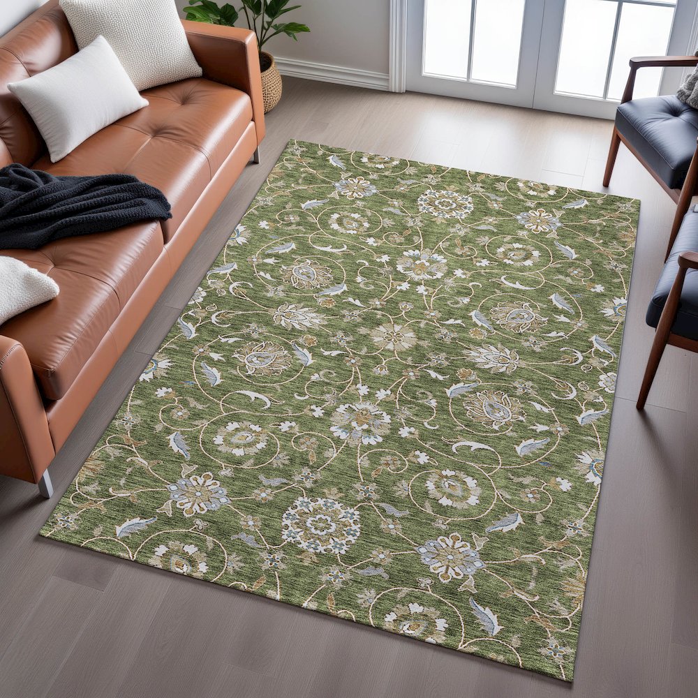 Premium Machine Washable Mayfield AMF1149 Olive 3' x 5' Rug. Picture 6