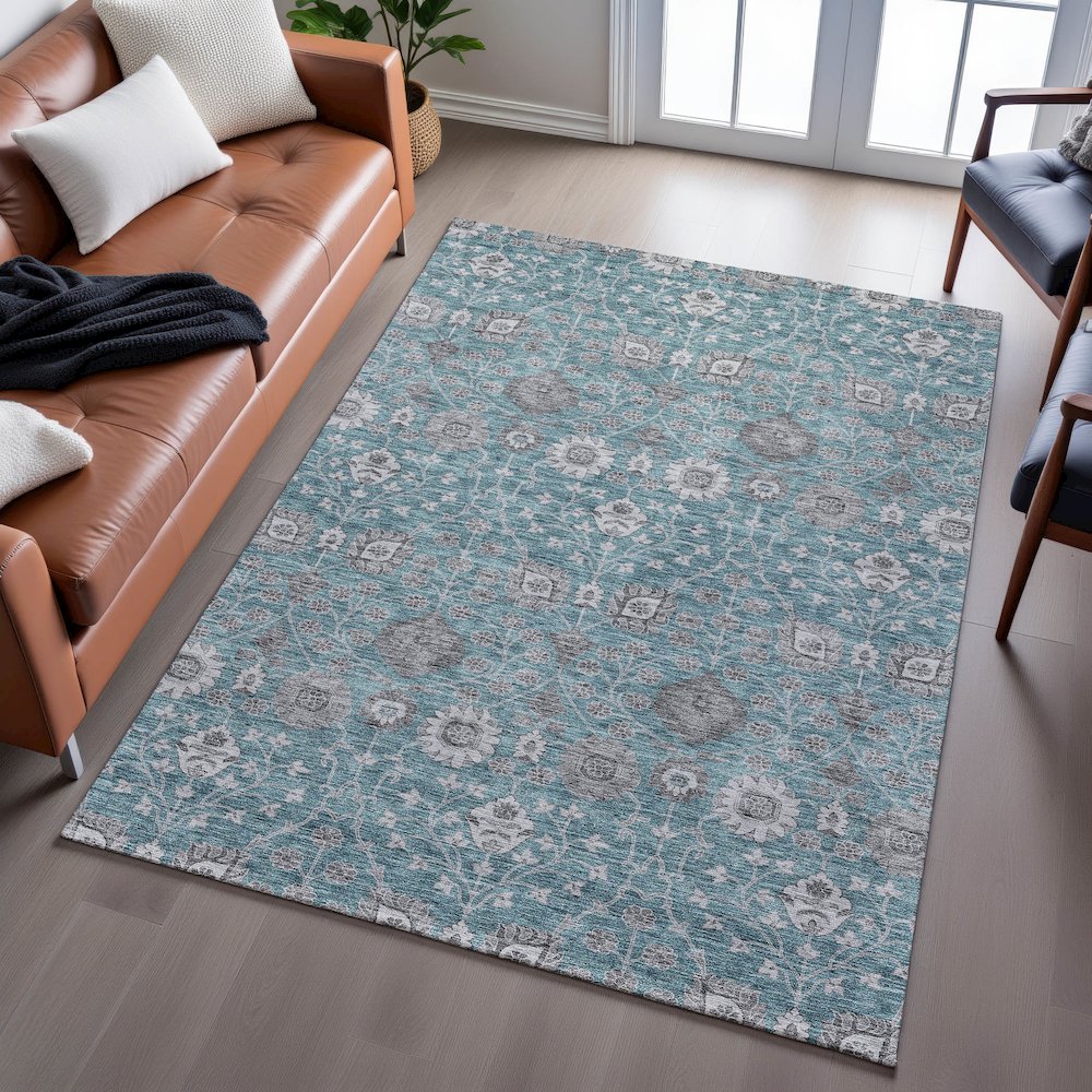 Premium Machine Washable Mayfield AMF1155 Teal 3' x 5' Rug. Picture 6