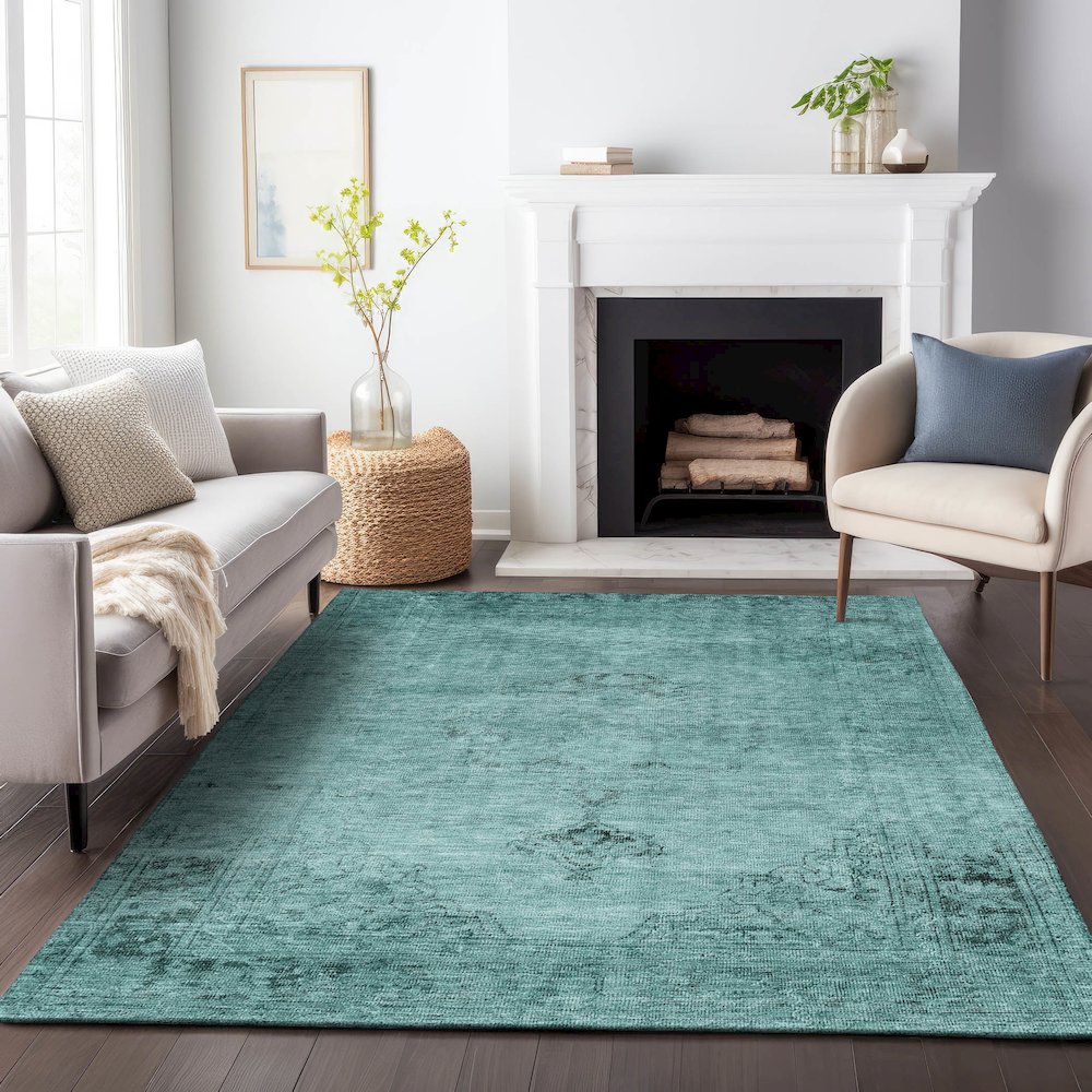 Premium Machine Washable Mayfield AMF658 Teal 3' x 5' Rug. Picture 5