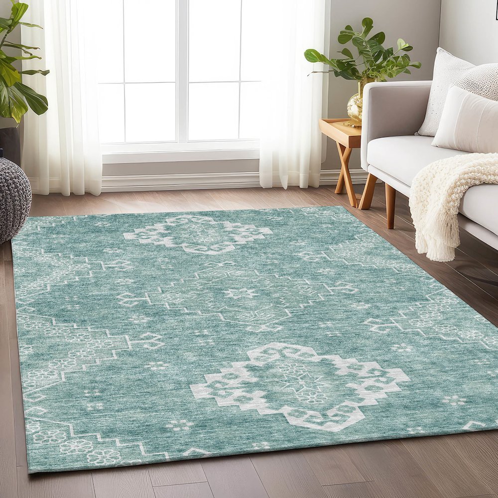 Premium Machine Washable Mayfield AMF847 Aqua 3' x 5' Rug. Picture 6