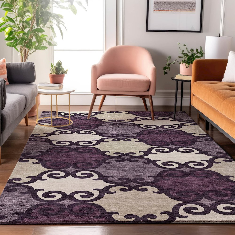 Premium Machine Washable Mayfield AMF883 Eggplant 3' x 5' Rug. Picture 5