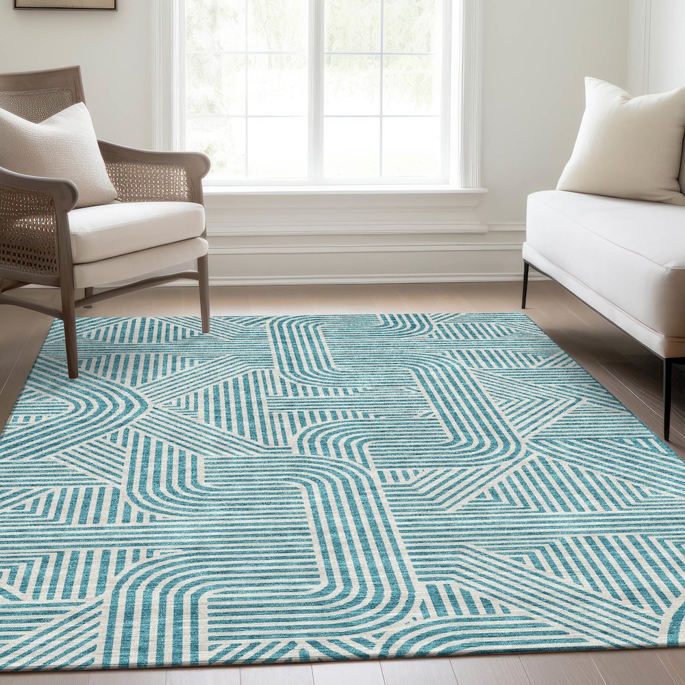 Premium Machine Washable Mayfield AMF917 Teal 3' x 5' Rug. Picture 6