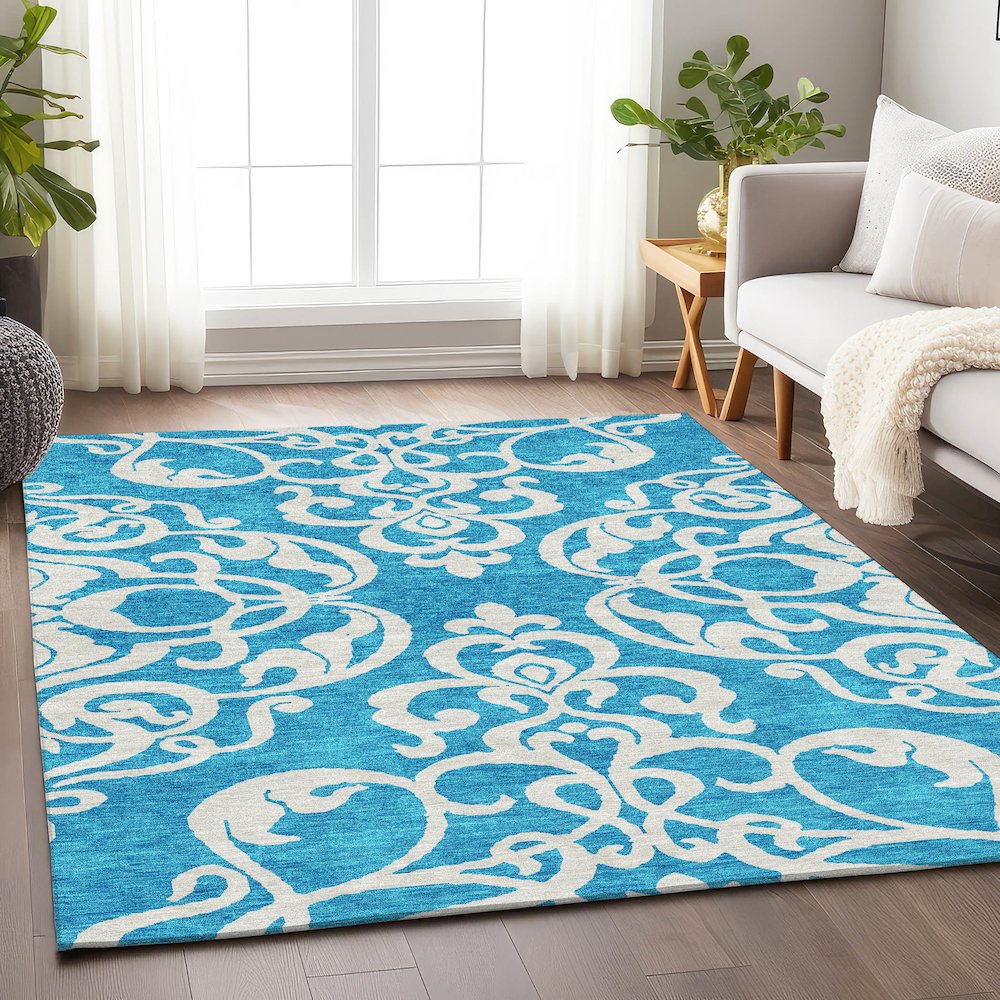 Premium Machine Washable Mayfield AMF973 Turquoise 3' x 5' Rug. Picture 5