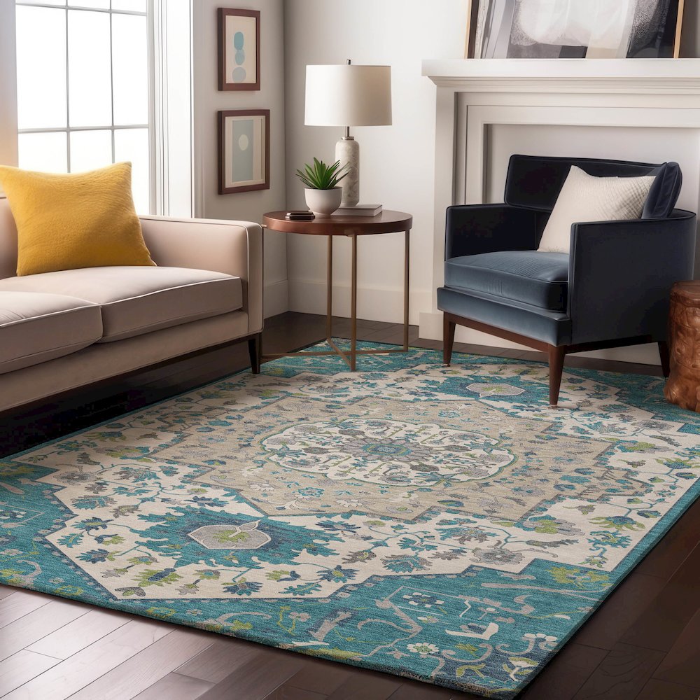 Premium Machine Washable Mayfield AMF985 Teal 3' x 5' Rug. Picture 5