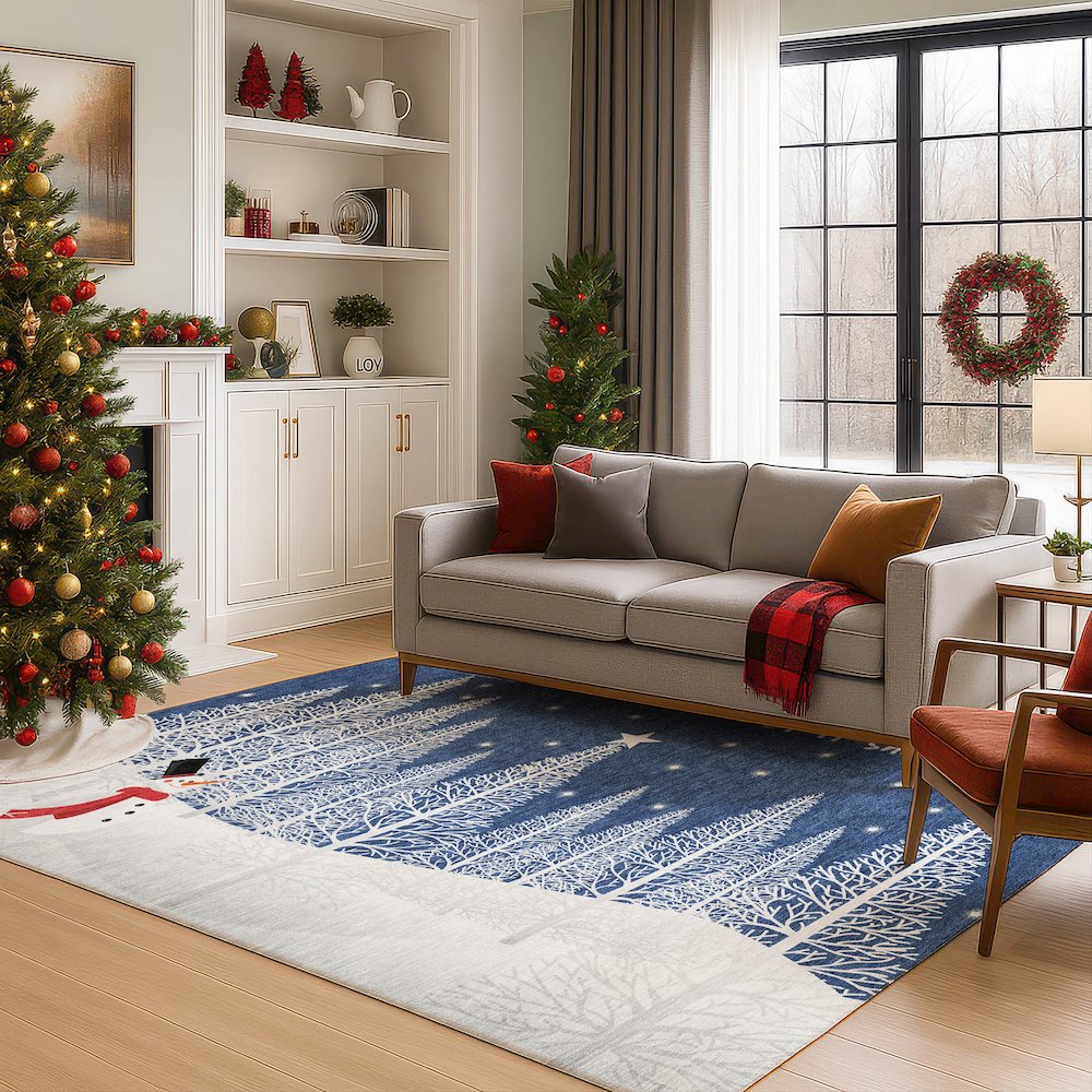 Luxury Washable Indoor/Outdoor Merry & Bright Navy 3' x 5' Rug. Picture 6
