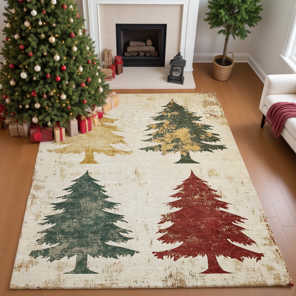 Luxury Washable Indoor/Outdoor Merry & Bright Ivory 3' x 5' Rug. Picture 5