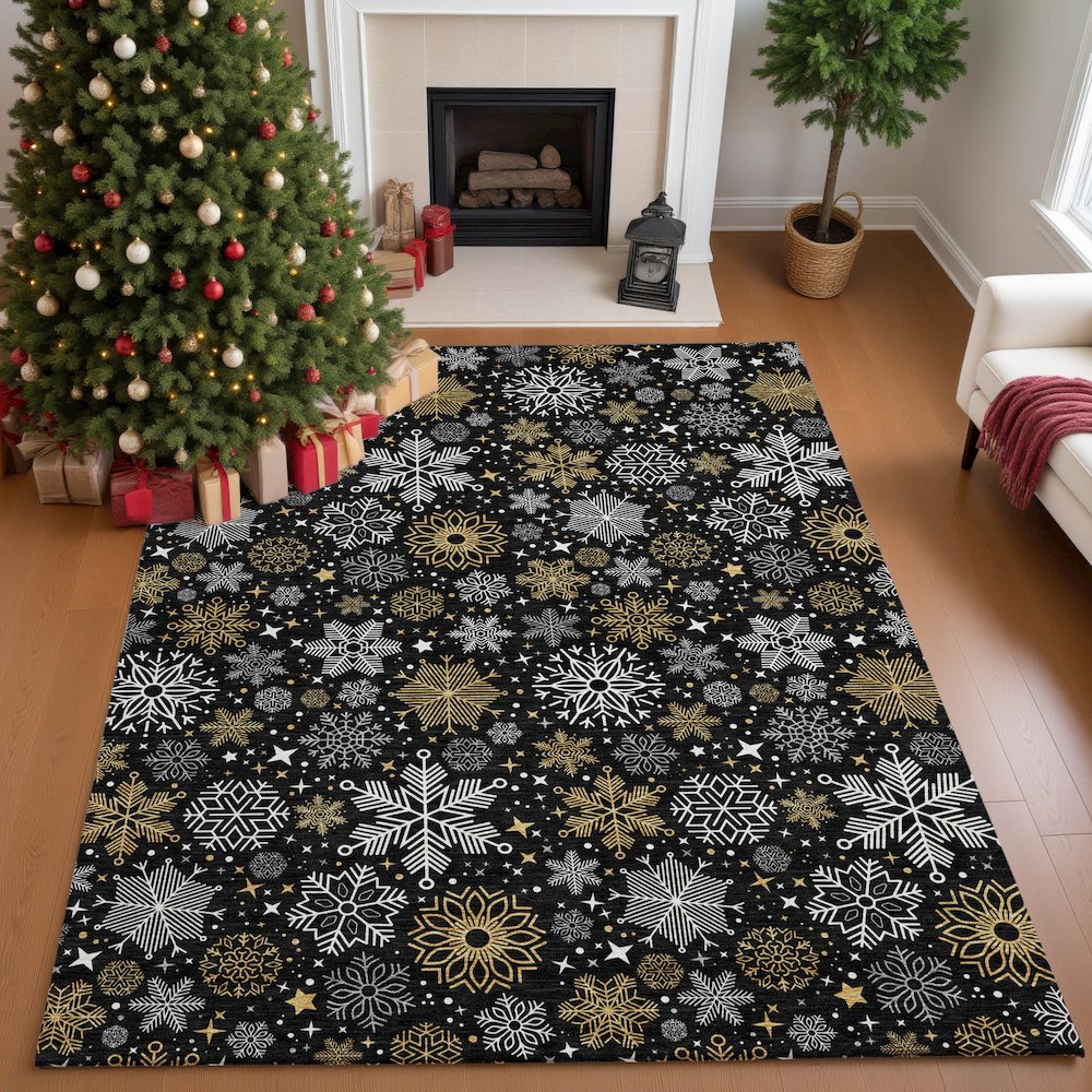 Luxury Washable Indoor/Outdoor Merry & Bright Black 3' x 5' Rug. Picture 5