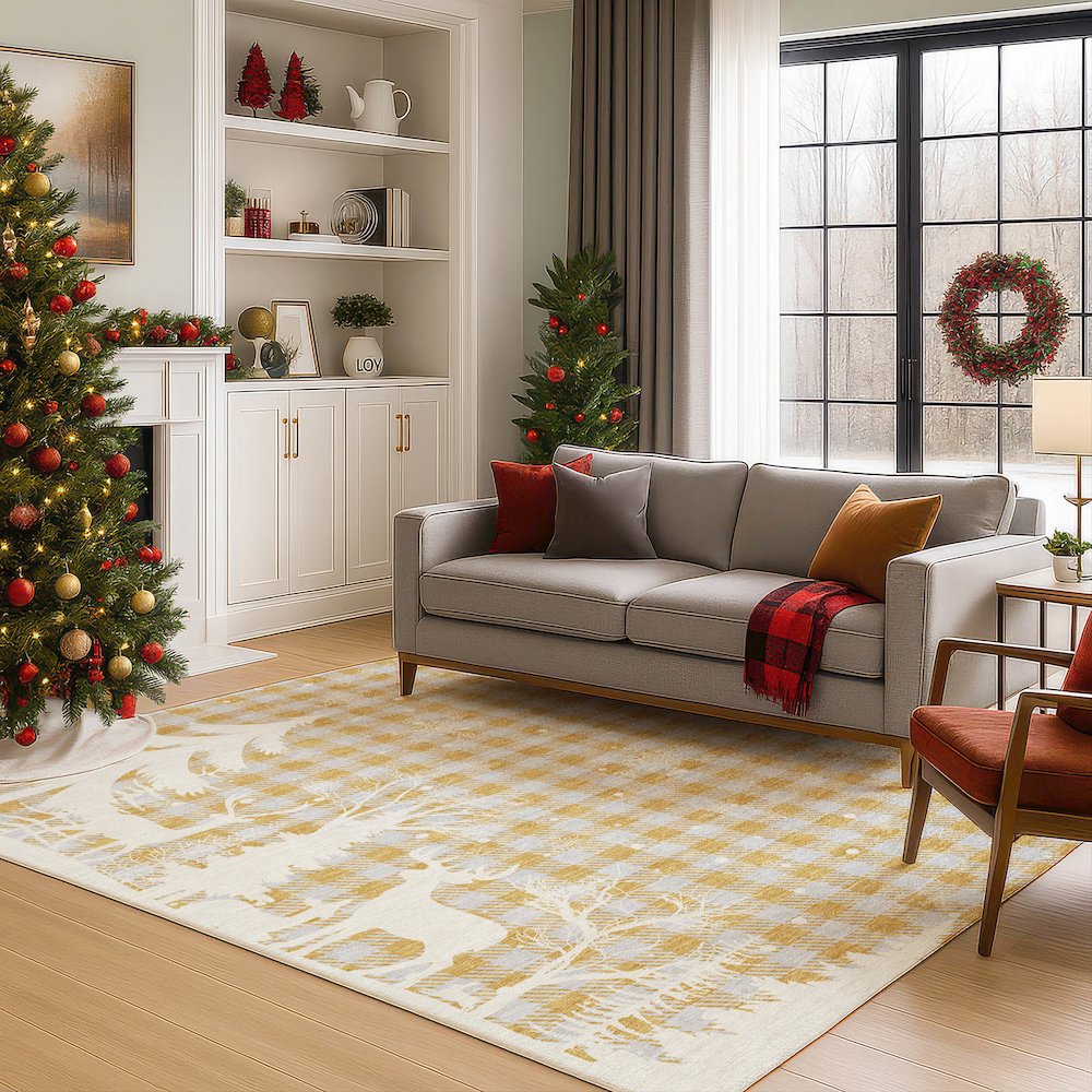 Luxury Washable Indoor/Outdoor Merry & Bright Gold 3' x 5' Rug. Picture 6