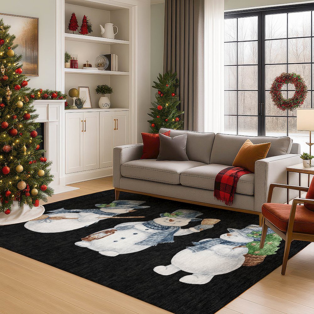 Luxury Washable Indoor/Outdoor Merry & Bright Black 3' x 5' Rug. Picture 6