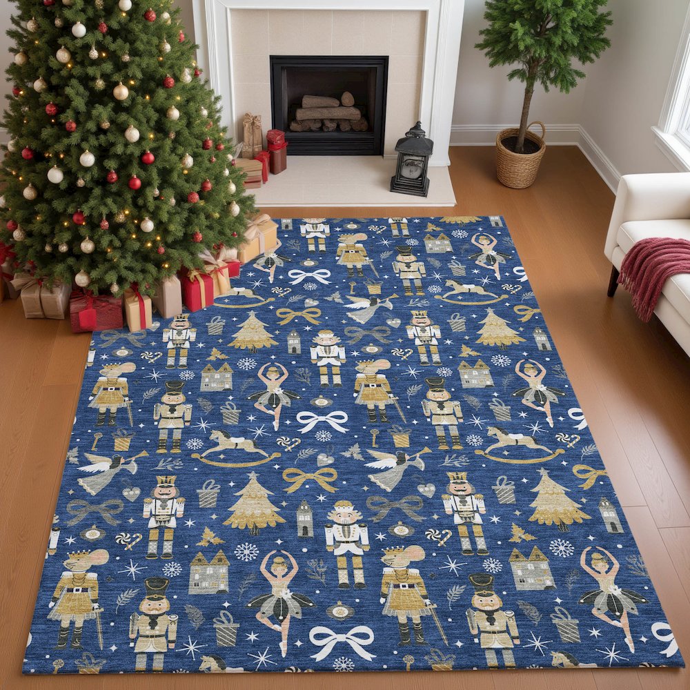 Luxury Washable Indoor/Outdoor Merry & Bright Navy 3' x 5' Rug. Picture 5