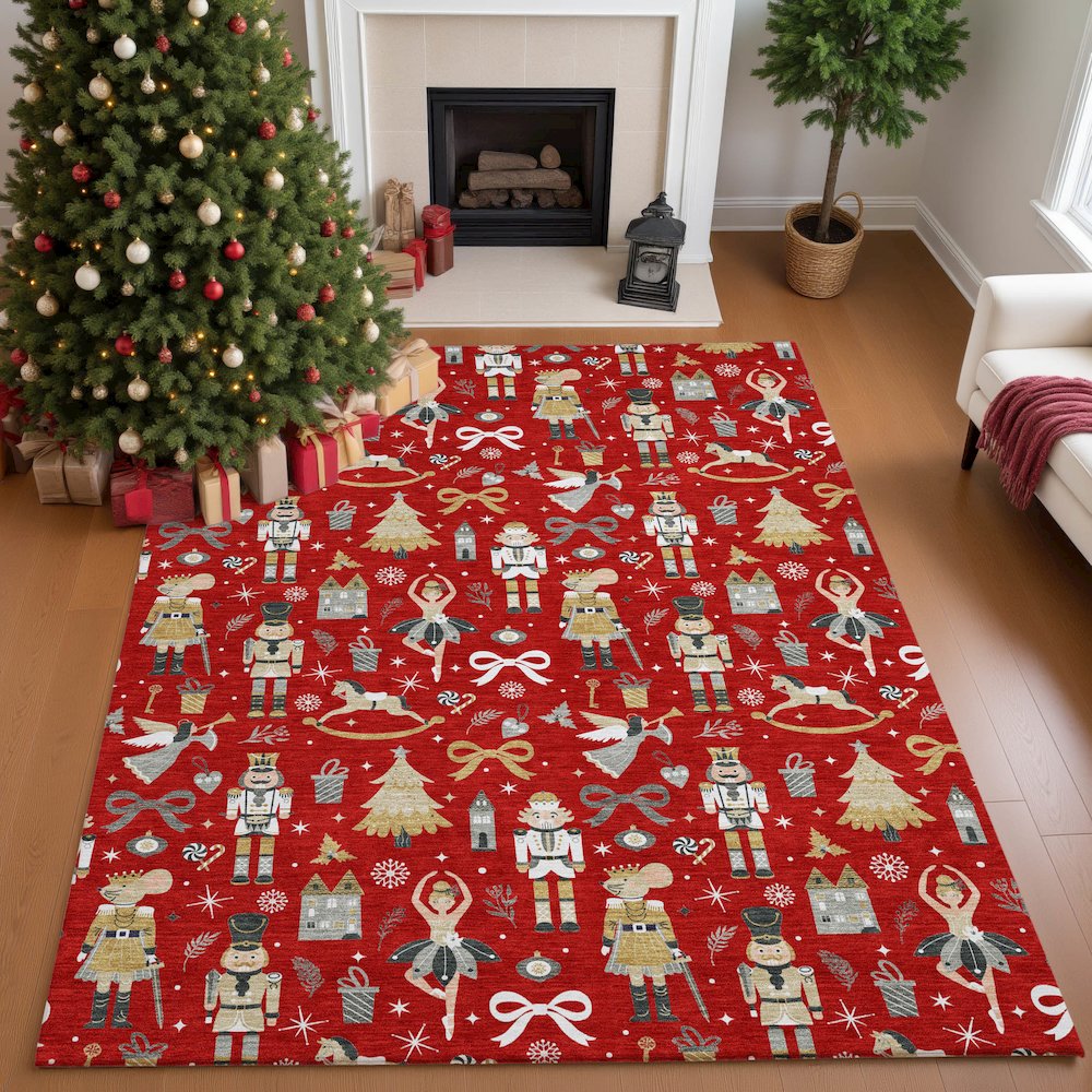Luxury Washable Indoor/Outdoor Merry & Bright Red 3' x 5' Rug. Picture 5