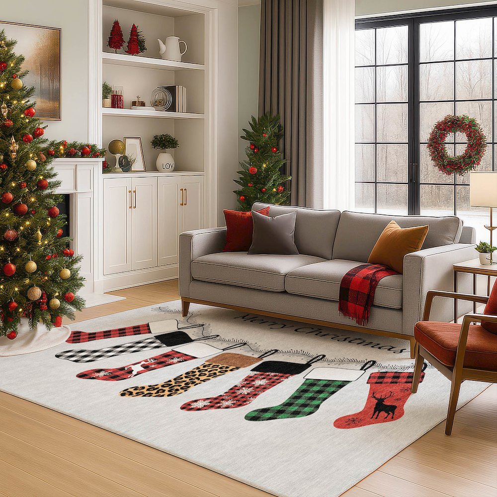 Luxury Washable Indoor/Outdoor Merry & Bright Silver 3' x 5' Rug. Picture 6