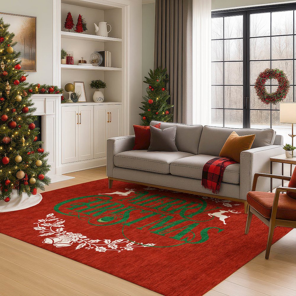 Luxury Washable Indoor/Outdoor Merry & Bright Red 3' x 5' Rug. Picture 6