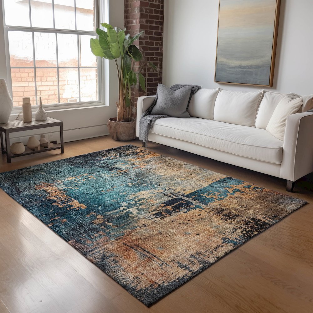 Indoor/Outdoor Nouveau Teal 3' x 5' Rug. Picture 5