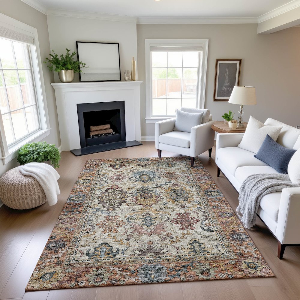 Indoor/Outdoor Silk Road Copper 3' x 5' Rug. Picture 5