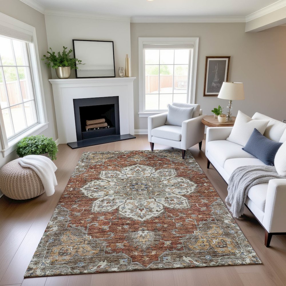 Indoor/Outdoor Silk Road Paprika 3' x 5' Rug. Picture 5