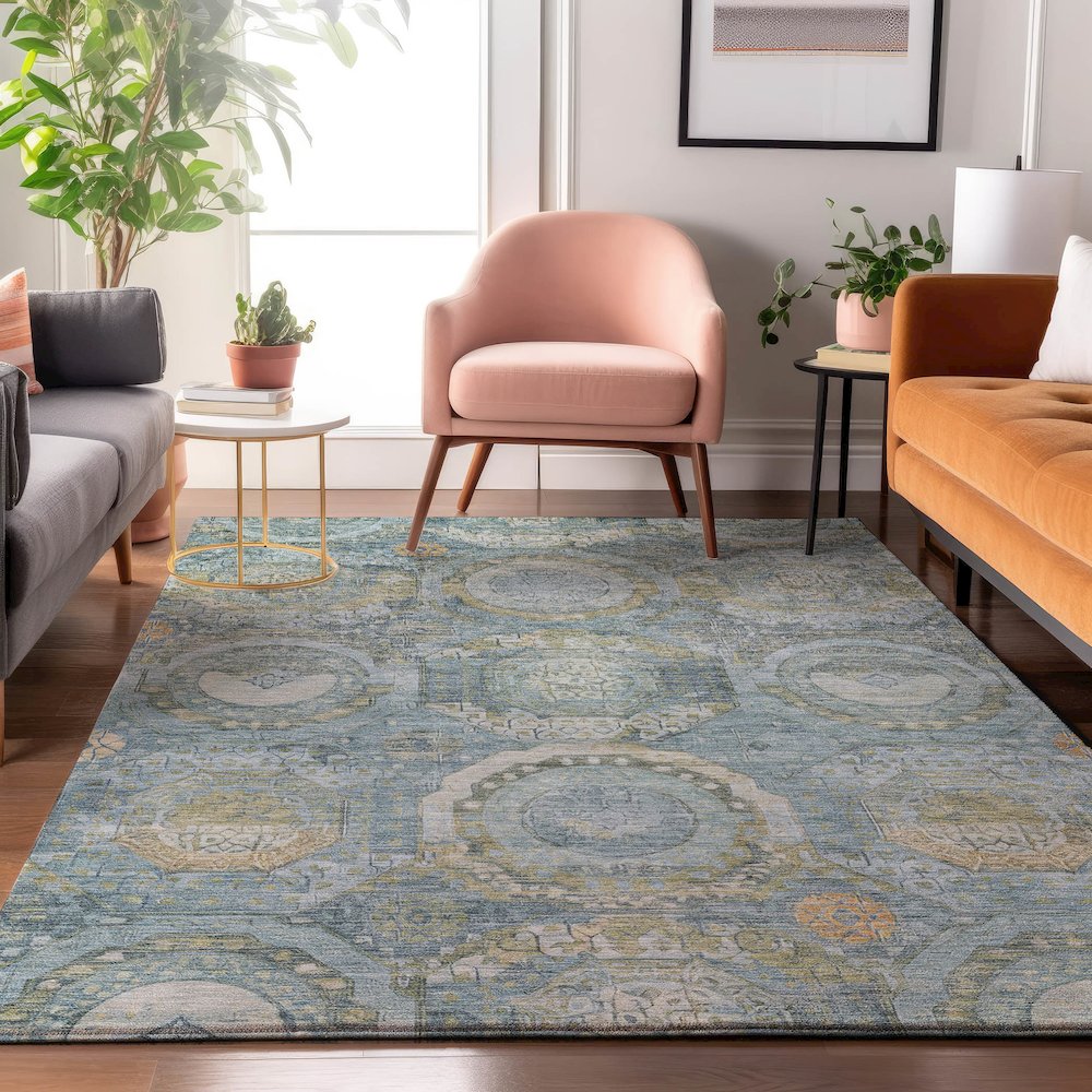Luxury Washable Indoor/Outdoor Tabrook Blue 3' x 5' Rug. Picture 5