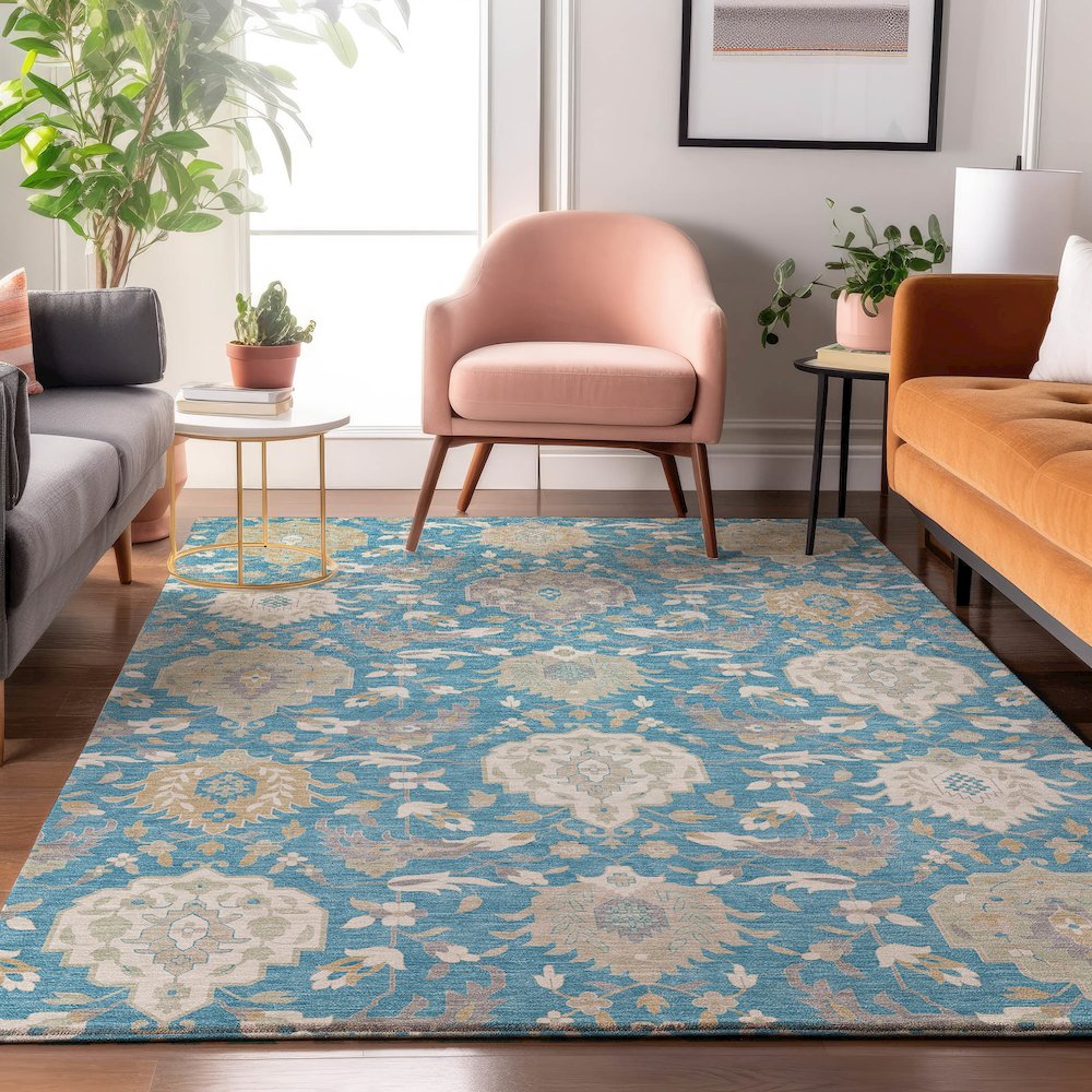 Luxury Washable Indoor/Outdoor Tabrook Blue 3' x 5' Rug. Picture 5
