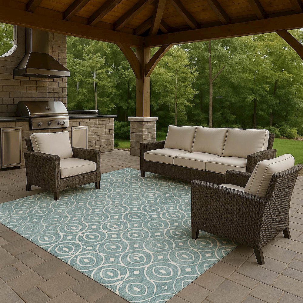 Luxury Washable Indoor/Outdoor The Reserve Turquoise 3' x 5' Rug. Picture 7