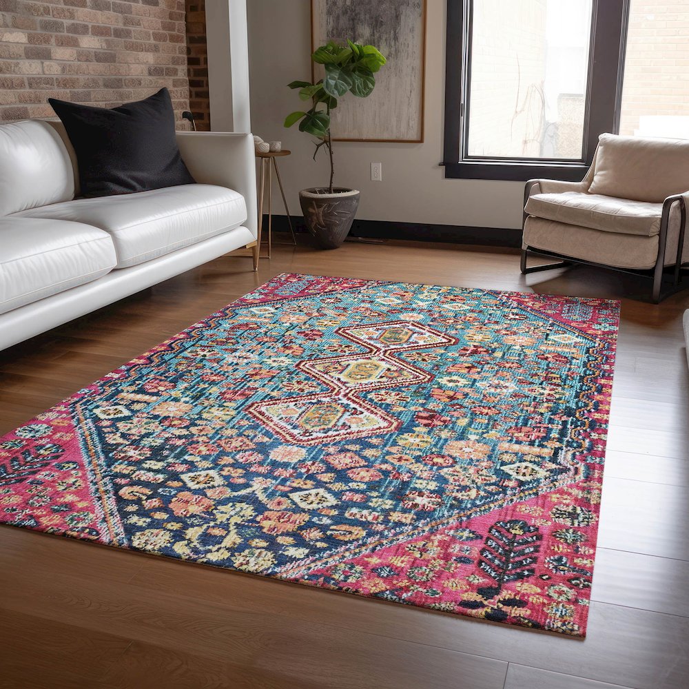 Machine Washable Indoor/Outdoor Chantille Teal 5' x 7'6" Rug. Picture 5