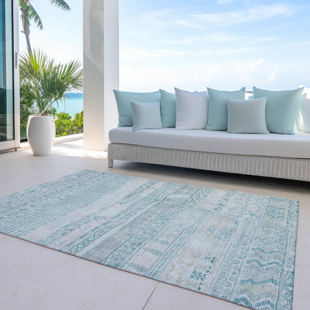 Machine Washable Indoor/Outdoor Chantille Teal 5' x 7'6" Rug. Picture 7