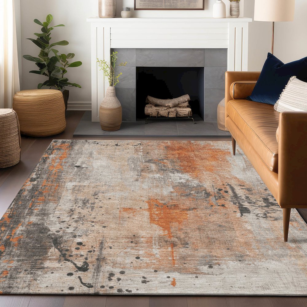 Machine Washable Indoor/Outdoor Chantille Orange 5' x 7'6" Rug. Picture 5