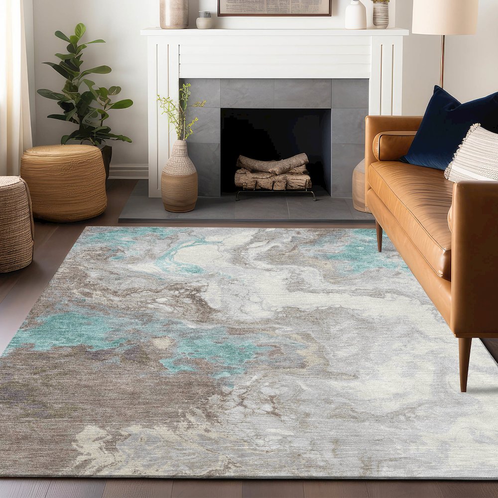 Machine Washable Indoor/Outdoor Chantille Teal 5' x 7'6" Rug. Picture 5