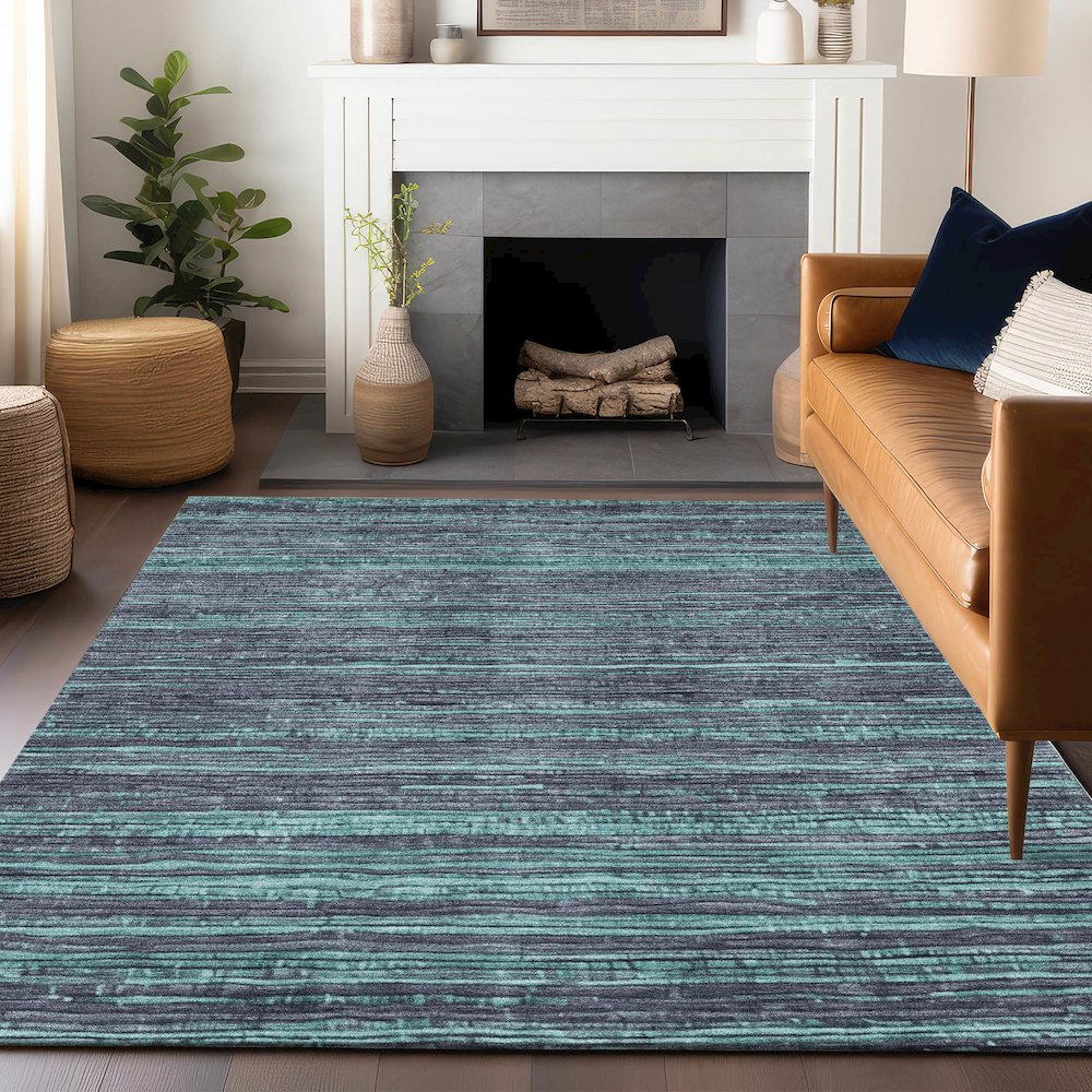Machine Washable Indoor/Outdoor Chantille Teal 5' x 7'6" Rug. Picture 5