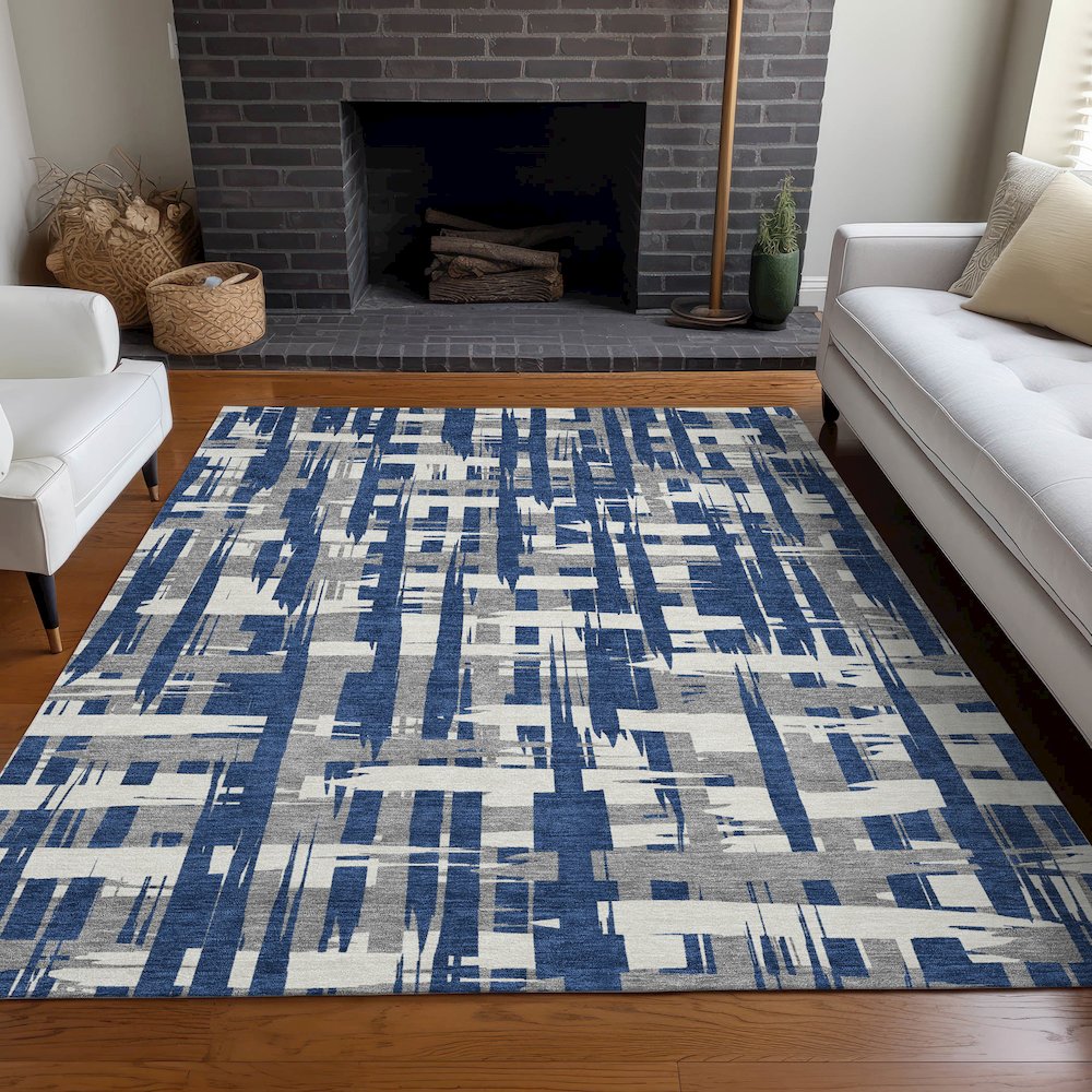 Machine Washable Indoor/Outdoor Chantille Navy 5' x 7'6" Rug. Picture 6