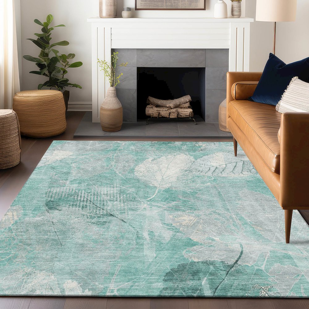 Machine Washable Indoor/Outdoor Chantille Teal 5' x 7'6" Rug. Picture 5