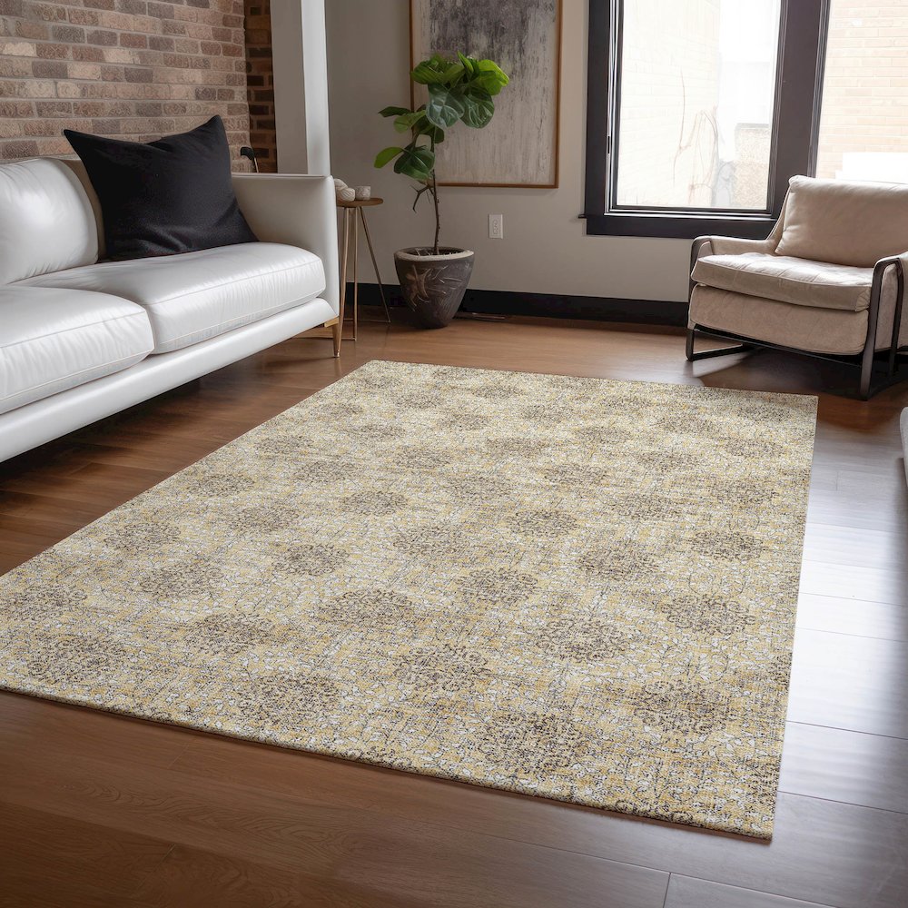 Machine Washable Indoor/Outdoor Chantille Gold 5' x 7'6" Rug. Picture 6