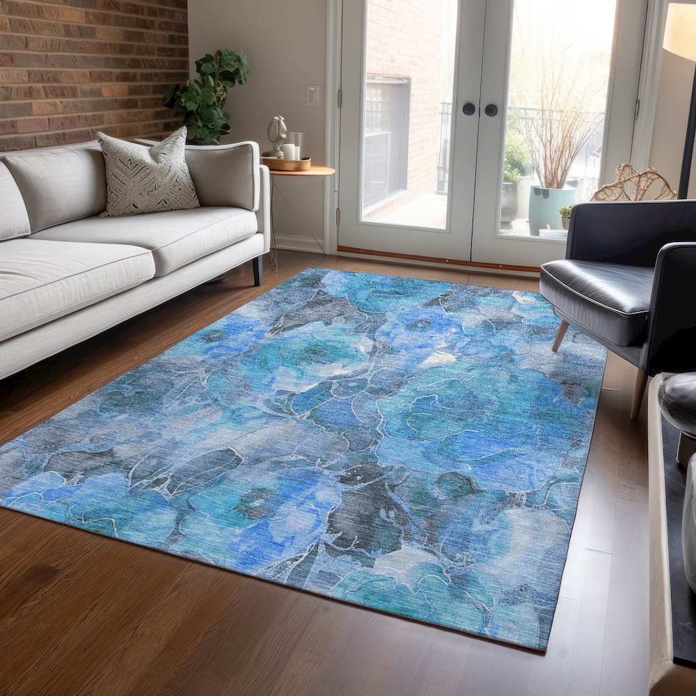 Machine Washable Indoor/Outdoor Chantille Blue 5' x 7'6" Rug. Picture 5