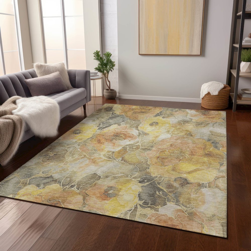 Machine Washable Indoor/Outdoor Chantille Gold 5' x 7'6" Rug. Picture 6