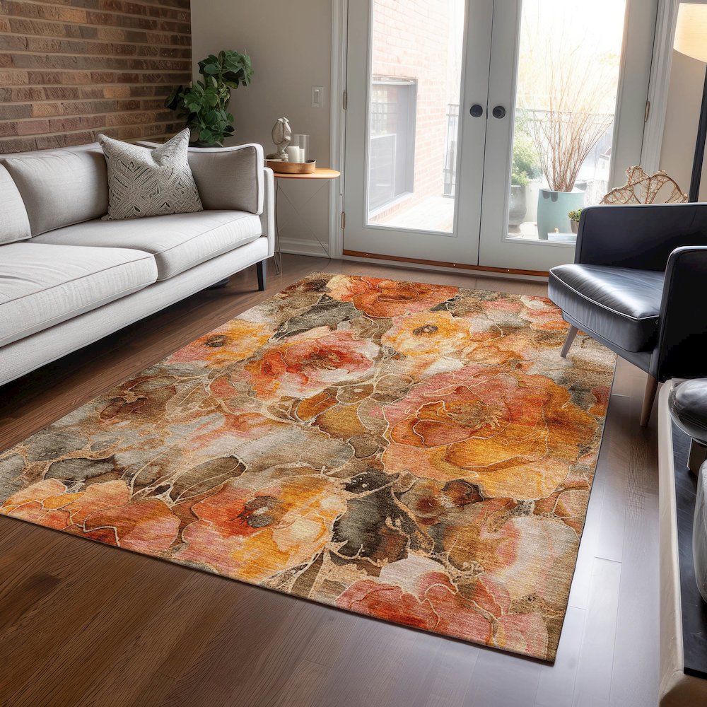 Machine Washable Indoor/Outdoor Chantille Orange 5' x 7'6" Rug. Picture 5